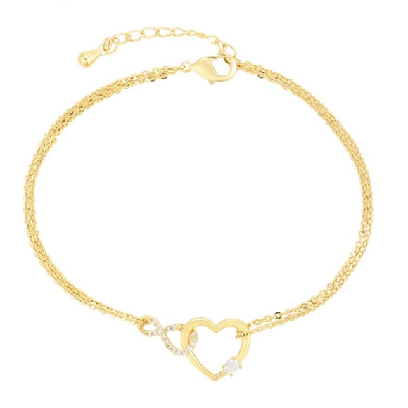 Heart Infinity Bracelet 14k Gold Plated Double Chain Luxury Jewelry - Picture 1 of 10